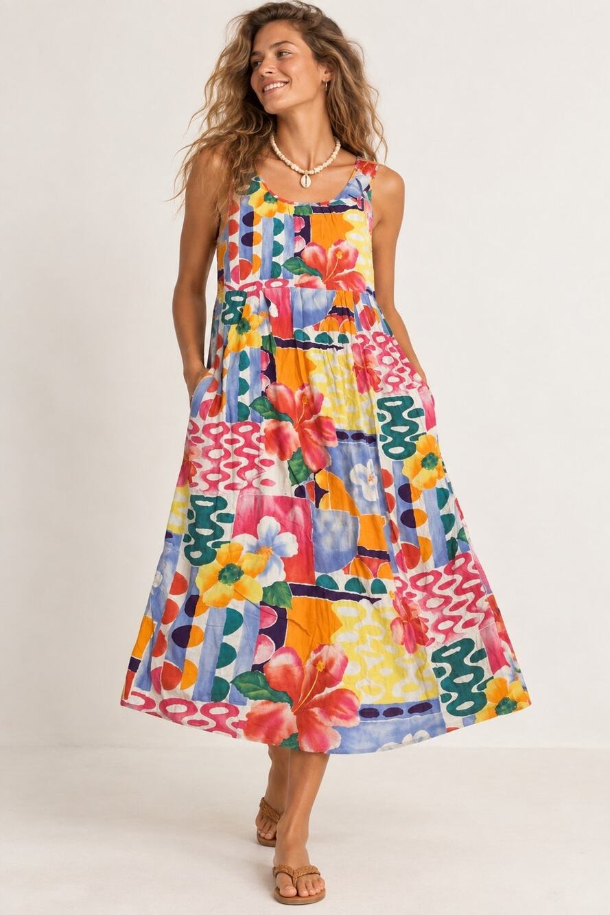 Vintage 90s Jams World Dress M Tropical Floral Hawaiian Colorful Midi Sundress
